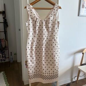 Marchesa Voyage Cream and Brown Geometric Midi Dress with pearl detail